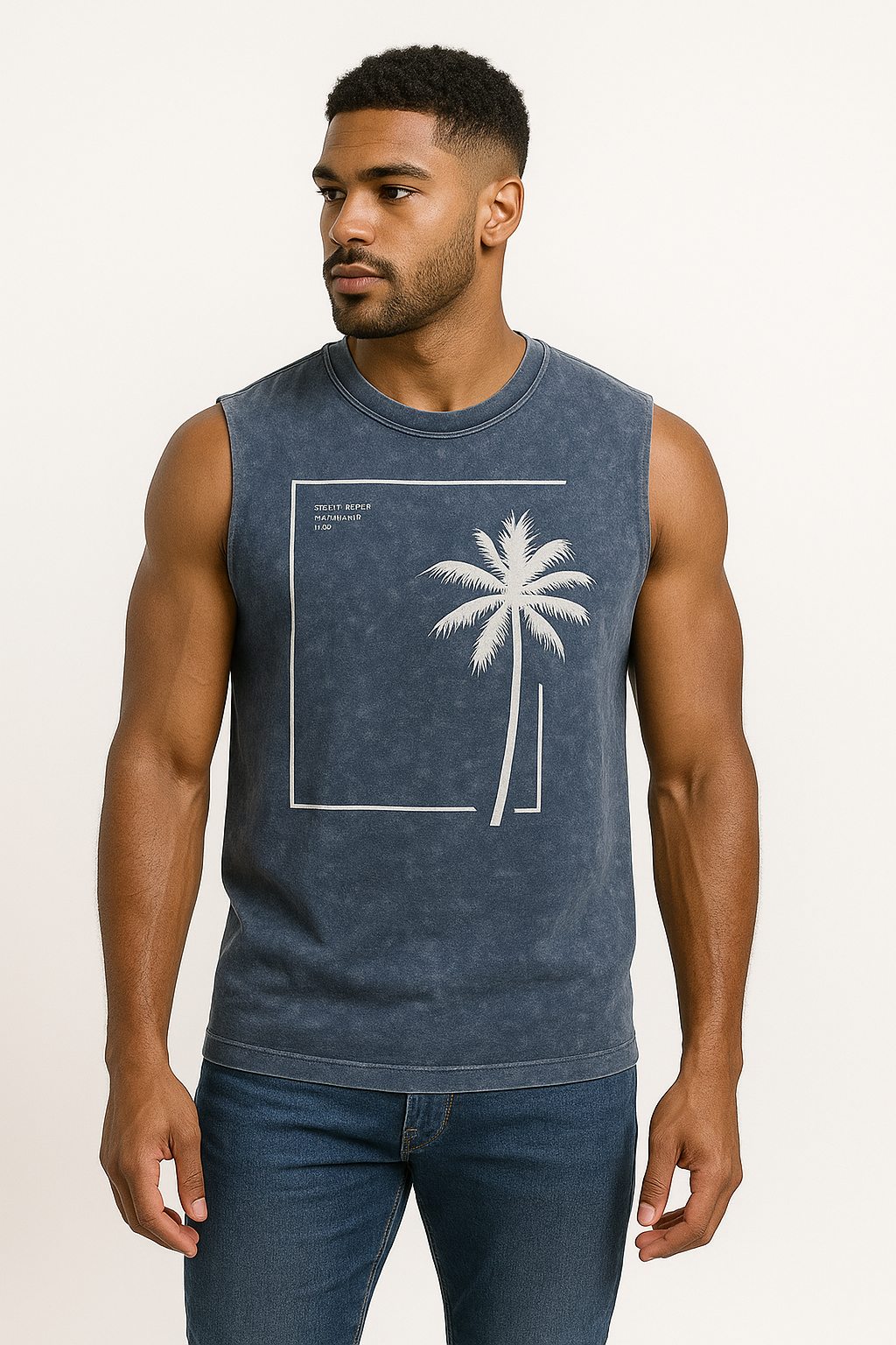 Kafoon - Men's sleeveless tank top with washed-out vintage effect and black palm tree pattern