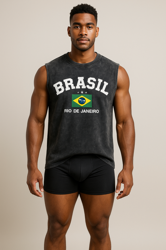 Kafoon -  Unisex´s casual black sleeveless tank top with Brazil lettering pattern and destroyed effect.