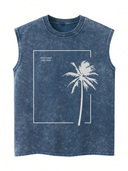 Kafoon -  Men's sleeveless tank top with washed-out vintage effect and black palm tree pattern