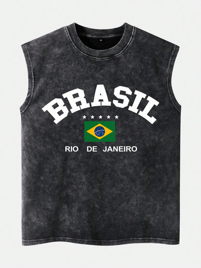 Kafoon -  Unisex´s casual black sleeveless tank top with Brazil lettering pattern and destroyed effect.